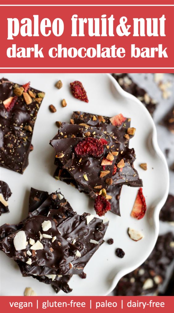 Paleo fruit and nut chocolate bark with dried strawberries and pistachios