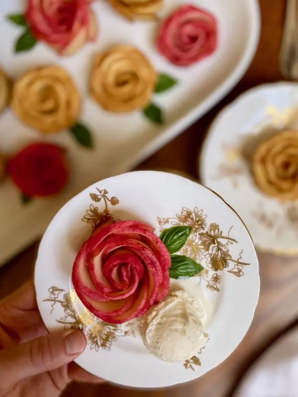 baked honey apple roses with ice cream