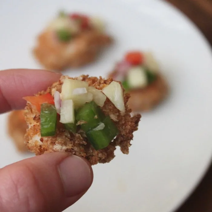 healthy popcorn shrimp with pineapple pepper confetti salsa