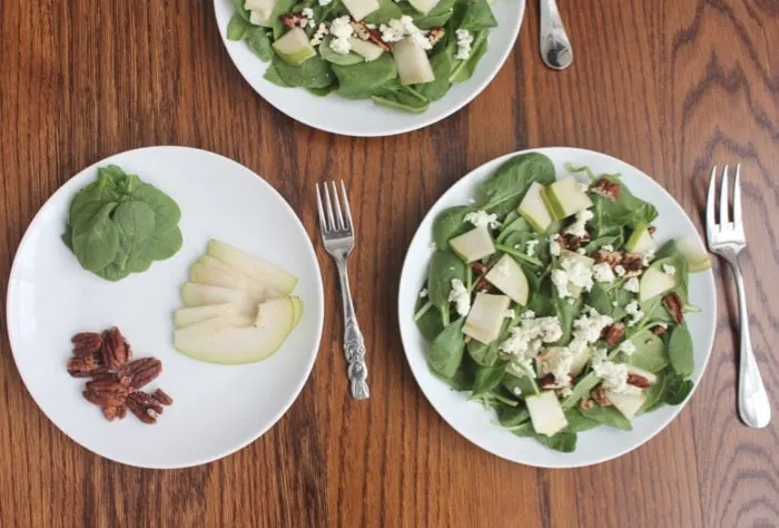 This spinach and pear salad can be served deconstructed with the ingredients separated for picky eaters
