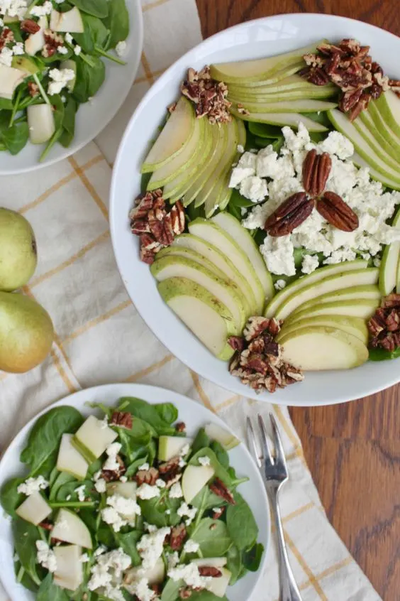 Spinach Pear Pecan Salad with Boursin cheese vertical
