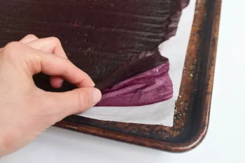 checking to see if blueberry fruit leather is finished baking