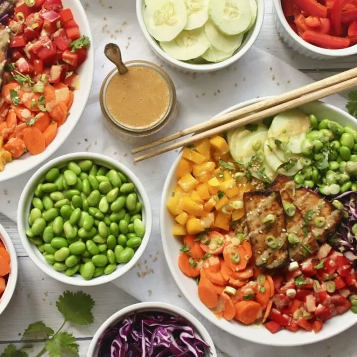 Easy rainbow buddha bowl recipe with ginger miso dressing