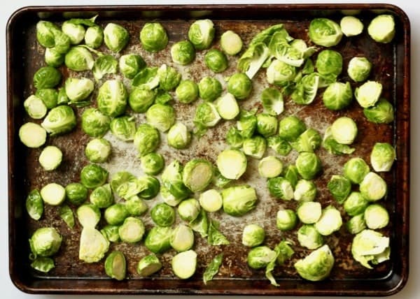 Cleaned and halfed brussels sprouts ready to roast
