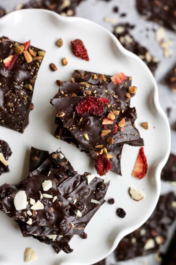 Homemade Fruit and Nut Chocolate bark is easy to make in the microwave for a quick holiday dessert or addition to a cookie plate. Plus it's paleo, dairy-free, vegan and gluten-free!
