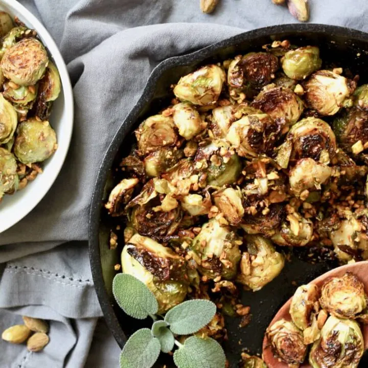Vegan skillet roasted brussel sprouts with pistachio sage relish