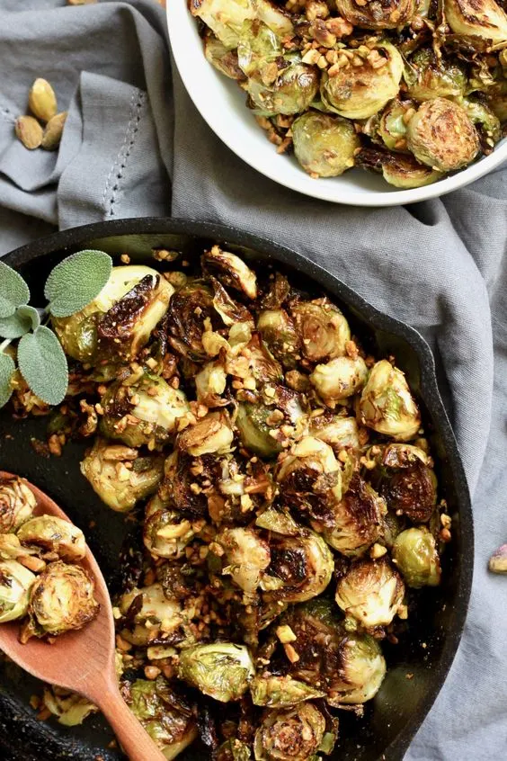 Vegan roasted brussels sprouts with pistachio sage relish