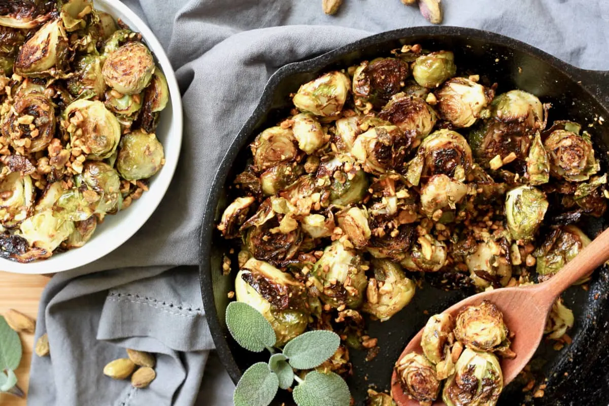 Vegan skillet roasted brussel sprouts with pistachio sage relish