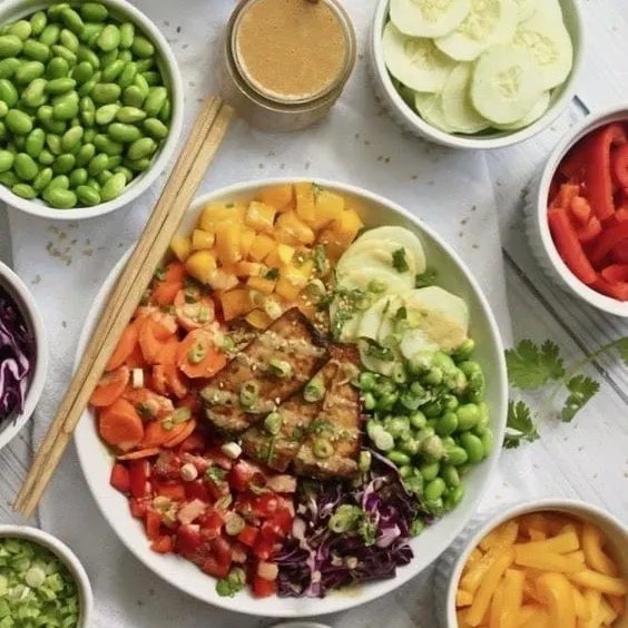 Vegan Rainbow Buddha Bowl recipe with crispy oven baked tofu