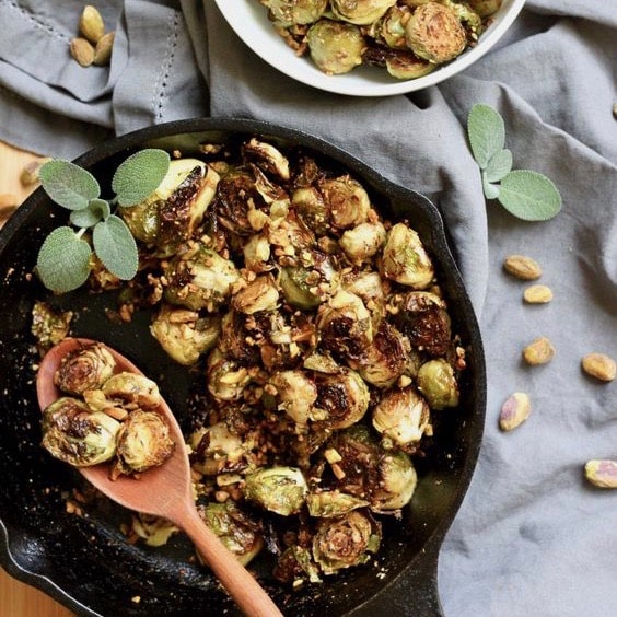 Crispy Brussels Sprouts with Pistachio Sage Relish