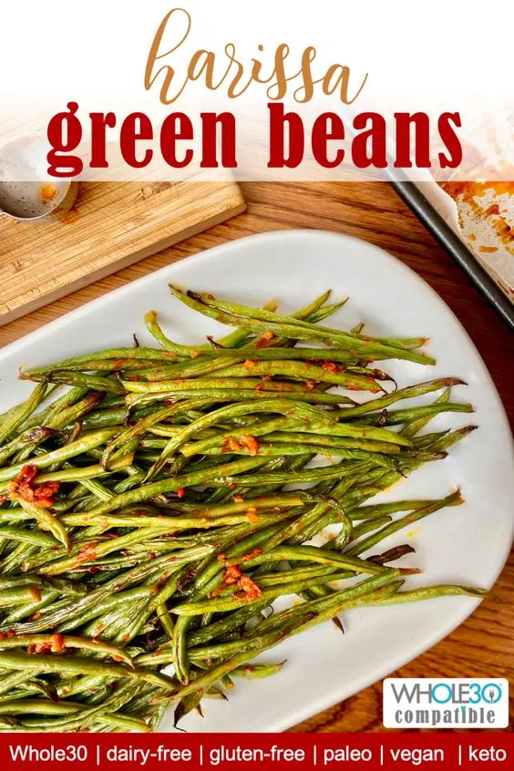 whole 30 compatible harissa green beans recipe pin