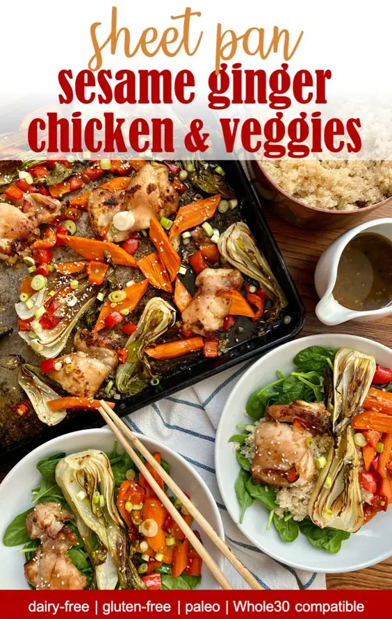 sheet pan paleo sesame ginger chicken and veggies dinner