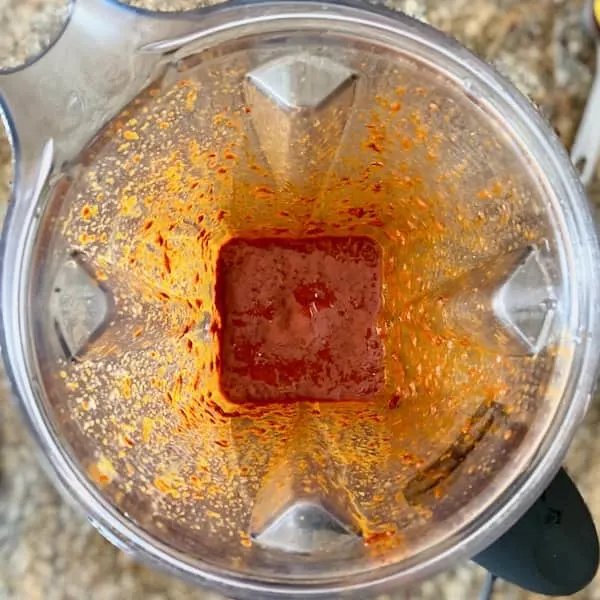 blended chiles in high speed blender form the base of mild harissa sauce