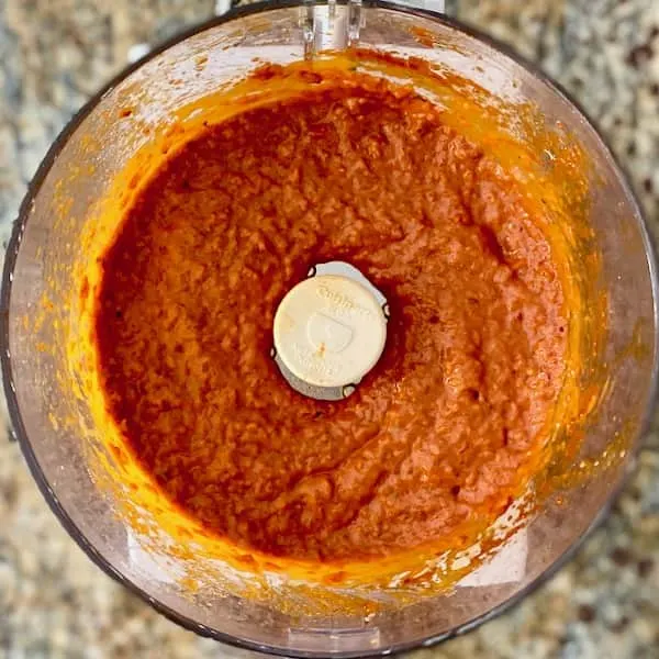 coarse mild harissa paste in food processor is ready to serve or store