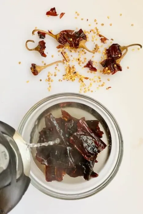 soak dried chiles in boiling water for 10 minutes to rehydrate