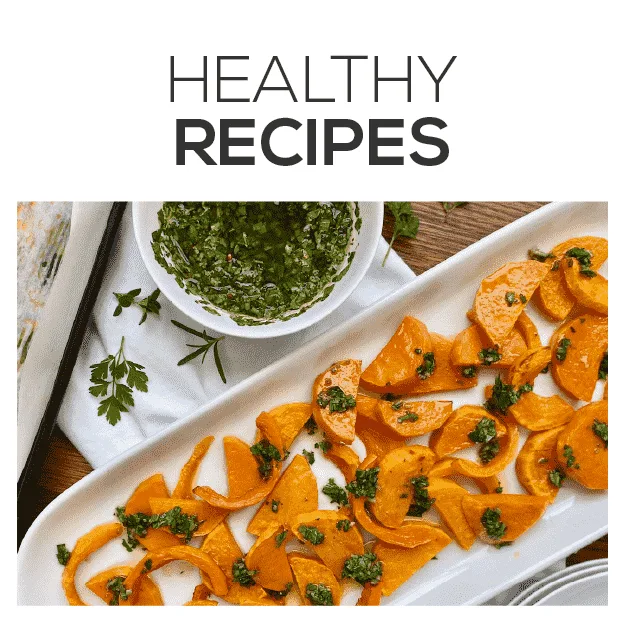 healthy recipes link with image of roasted butternut squash served with rosemary chimichurri