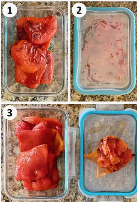 after roasting, transfer bell peppers to an air tight glass container to cool.  this will make it easier to remove the pepper skins