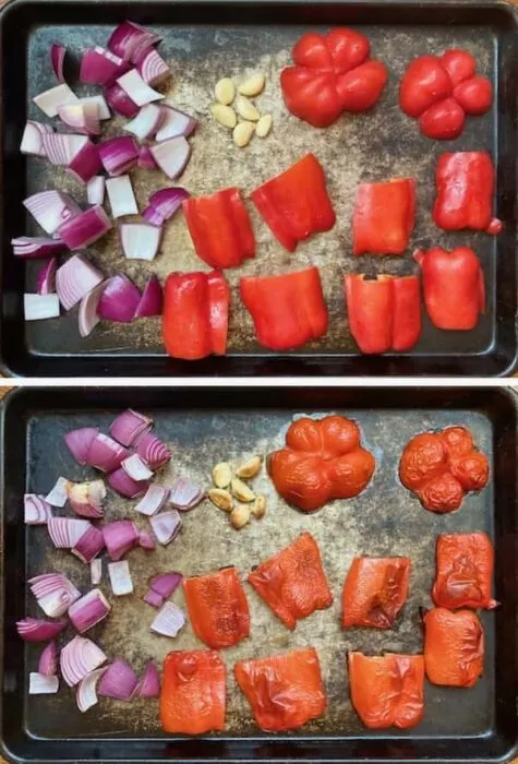 red bell peppers, red onion and garlic on a baking sheet before and after roasting for mild harissa paste