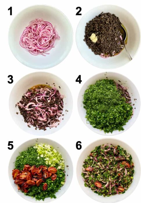 Step by step instructions how to make a plant-based lentil salad with fresh herbs, tomatoes and pickled red onions