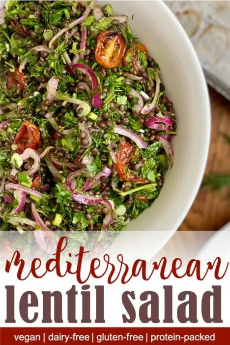Pinterest image for herby vegan lentil salad.This herby lentil salad is a great make-ahead salad for busy summer nights. Nutrient-dense black lentils are combined with fresh herbs, tangy roasted tomatoes and pickled red onion. This hearty lentil salad is gluten-free, dairy-free, and vegan.