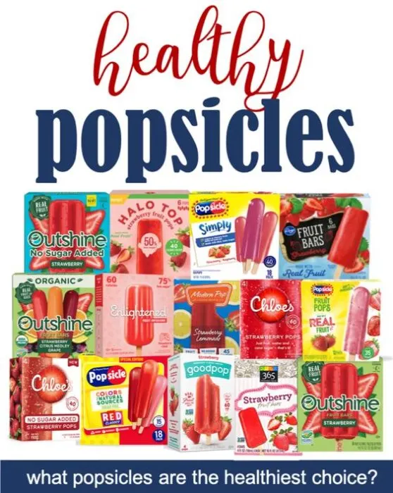 Pinterest image of popular strawberry popsicles packages.  Pinterest image of article evaluating healthiest store-bought popsicles
